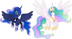 Size: 7000x3800 | Tagged: safe, artist:negatif22, princess celestia, princess luna, alicorn, pony, g4, absurd resolution, crown, duo, duo female, female, flying, grin, jewelry, looking at you, mare, movie accurate, regalia, royal sisters, siblings, simple background, sisters, smiling, smiling at you, spread wings, transparent background, wings