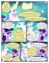 Size: 612x792 | Tagged: safe, artist:newbiespud, edit, edited screencap, screencap, princess celestia, twilight sparkle, alicorn, pony, unicorn, comic:friendship is dragons, g4, magical mystery cure, book, comic, eyelashes, female, glowing, glowing horn, horn, jewelry, looking back, magic, mare, peytral, raised hoof, smiling, telekinesis, tiara, unicorn twilight, wings