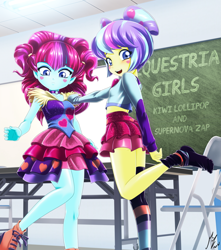 Size: 2553x2894 | Tagged: safe, artist:mauroz, kiwi lollipop, supernova zap, equestria girls, g4, absurd file size, anime, chair, chalkboard, clothes, commission, duo, duo female, eyebrows, eyebrows visible through hair, female, high res, k-lo, looking at you, open mouth, open smile, postcrush, smiling, smiling at you, socks, standing, standing on one leg, stocking feet, stockings, striped socks, su-z, table, thigh highs, younger