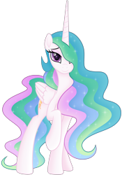 Size: 5000x7148 | Tagged: safe, artist:negatif22, princess celestia, alicorn, pony, g4, beautiful, cute, cutelestia, female, goddess, hair over one eye, looking at you, mare, missing accessory, movie accurate, raised hoof, simple background, smiling, solo, transparent background