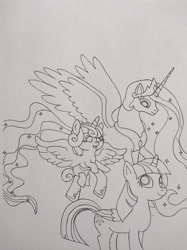 Size: 1280x1707 | Tagged: safe, artist:gojira1604shinomura, princess celestia, princess flurry heart, twilight sparkle, alicorn, pony, g4, baby, baby pony, pencil drawing, sketch, traditional art, trio, twilight sparkle (alicorn)