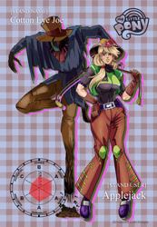 Size: 1534x2213 | Tagged: safe, artist:traupa, applejack, human, g4, anime, breasts, busty applejack, clothes, crossover, female, humanized, jojo's bizarre adventure, stand, style emulation