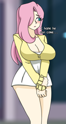 Size: 975x1818 | Tagged: safe, artist:_mssj9, derpibooru exclusive, fluttershy, human, g4, big breasts, blushing, breasts, busty fluttershy, cleavage, clothes, dress, eye clipping through hair, eyebrows, eyebrows visible through hair, humanized, long hair, long sleeves, looking away, short dress