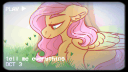Size: 1278x720 | Tagged: safe, artist:loryska, fluttershy, pegasus, pony, series:dreamland, g4, animated, belly fluff, distortion, ear fluff, female, floppy ears, fluffy, folded wings, gif, grass, lidded eyes, looking down, lying down, mare, profile, prone, recording, smiling, solo, timestamp, tree, vhs, wings