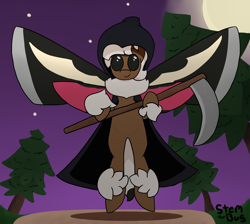 Size: 1900x1700 | Tagged: safe, artist:stemthebug, oc, oc only, oc:stem bedstraw, insect, moth, mothpony, original species, pony, clothes, hood, moon, night, scythe, solo