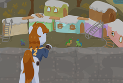 Size: 1600x1080 | Tagged: safe, artist:toshimatsu, derpibooru exclusive, oc, oc only, oc:littlepip, pony, unicorn, fallout equestria, clothes, digital art, fanfic, fanfic art, female, friendship express, hooves, horn, jumpsuit, leaning, male, mane, mare, new appleloosa, pipbuck, planks, stairs, tail, train car, unicorn oc, vault suit, wasteland