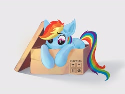 Size: 2480x1868 | Tagged: safe, artist:hornmlp, rainbow dash, pony, g4, box, ear fluff, female, high res, looking down, mare, no mouth, pony in a box, simple background, solo, white background