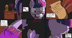 Size: 867x454 | Tagged: safe, artist:scootaloormayfly, twilight sparkle, pony, unicorn, g4, anime crossover, colored, comic, crazy face, crossover, death note, desk, dramatic lighting, faic, food, french fries, hay fries, ink, inkwell, lantern, list, quill, solo, text, text box, unicorn twilight