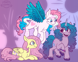 Size: 1021x818 | Tagged: safe, artist:cordearcoiris, fluttershy, izzy moonbow, star catcher, pegasus, pony, unicorn, g3, g4, g5, my little pony: a new generation, spoiler:my little pony: a new generation, backwards cutie mark, coat markings, colored wings, crossover, female, flying, folded wings, generation leap, looking at each other, looking at someone, lying down, mare, open mouth, open smile, outdoors, prone, raised hoof, smiling, spread wings, standing, sun, swirly markings, tree, trio, unshorn fetlocks, wings