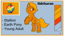 Size: 1192x670 | Tagged: safe, artist:schumette14, oc, oc only, oc:aldébaran, earth pony, pony, alternate universe, apple, character name, cutie mark, food, male, multiverse, next generation, noprincessuniverse, offspring, orange, parent:applejack, parent:sunburst, parents:appleburst, reference sheet, stallion