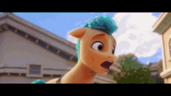 Size: 1280x720 | Tagged: safe, screencap, cobalt clay, hitch trailblazer, marigold bloom, pony, g5, my little pony: a new generation, spoiler:my little pony: a new generation, animated, apple, background character, colt, female, food, male, mare, misunderstanding, pony history, running, scared, sound, stallion, unnamed character, unnamed pony, webm