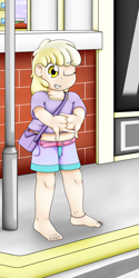 Size: 2000x4000 | Tagged: safe, artist:pvryohei, dinky hooves, human, g4, anklet, barefoot, barefooting, belly button, belt, city, clothes, feet, female, humanized, jewelry, purse, shirt, shorts, solo, street, toes