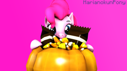 Size: 3840x2160 | Tagged: safe, artist:marianokun, pinkie pie, earth pony, pony, g4, 3d, candy, chocolate, food, high res, looking at you, pumpkin, source filmmaker