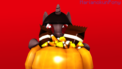 Size: 3840x2160 | Tagged: safe, alternate character, alternate version, artist:marianokun, oc, oc only, oc:ada, earth pony, pony, 3d, candy, chocolate, d'lirium, food, high res, looking at you, pumpkin, source filmmaker