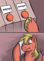 Size: 789x1087 | Tagged: safe, artist:kam, big macintosh, earth pony, pony, g4, caption, colored hooves, horse collar, image macro, male, meme, missing freckles, stallion, sweat, text, two buttons meme, unshorn fetlocks