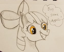 Size: 2028x1652 | Tagged: safe, artist:polar_storm, apple bloom, earth pony, pony, g4, buy some apples, female, filly, grin, smiling, solo, speech bubble, traditional art