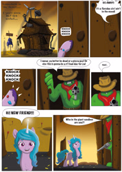Size: 2135x3000 | Tagged: safe, artist:cactuscowboydan, izzy moonbow, pony, unicorn, comic:the good the bad and the pony, g5, my little pony: a new generation, spoiler:g5, spoiler:my little pony: a new generation, bullet, cactus, comic, coronavirus, covid-19, cowboy hat, desert, door, gun, handgun, hat, hi new friend, high res, house, pistol, ranch, revolver, smiling, weapon