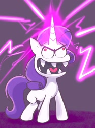 Size: 1528x2048 | Tagged: safe, artist:noupu, rarity, pony, unicorn, g5, my little pony: a new generation, derp face, evil rarity, faic, female, magic, mare, open mouth, red eyes, sharp teeth, solo, teeth