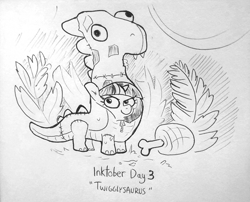 Size: 3120x2520 | Tagged: safe, artist:tjpones, twilight sparkle, pony, unicorn, clothes, costume, dinosaur costume, female, fern, filly, filly twilight sparkle, food, grayscale, halloween, halloween costume, high res, inktober, inktober 2021, meat, monochrome, solo, traditional art, twiggie, younger