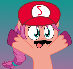 Size: 566x532 | Tagged: safe, artist:jadeharmony, artist:pupster0071, sunny starscout, earth pony, pony, g5, my little pony: a new generation, base used, cap, crossover, cute, fake moustache, female, hat, male, mare, mario, mario's hat, open mouth, raised hoof, solo, sunnybetes, super mario bros., unshorn fetlocks