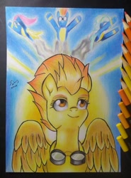 Size: 465x630 | Tagged: safe, artist:shadowingartist, fluttershy, rainbow dash, spitfire, vapor trail, pegasus, pony, g4, bright, drawing, flying, glasses, sky, smoke, traditional art, wings, wonderbolts