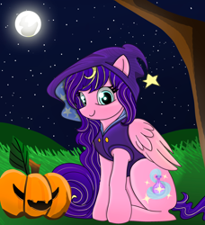 Size: 2310x2532 | Tagged: safe, artist:starsilk, oc, oc:star silk, pegasus, pony, full moon, glowing, grass, halloween, high res, holiday, hood, moon, moonlight, night, october, pumpkin, sky, stars, tree, witch