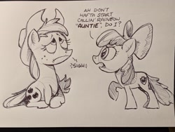 Size: 4032x3024 | Tagged: safe, artist:mellodillo, apple bloom, applejack, earth pony, pony, g4, apple sisters, dialogue, duo, female, filly, frown, implied appledash, implied lesbian, implied rainbow dash, implied shipping, lying down, mare, monochrome, prone, siblings, sigh, sisters, traditional art