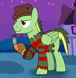 Size: 545x557 | Tagged: safe, artist:didgereethebrony, oc, oc only, oc:didgeree, pegasus, pony, clothes, costume, cropped, freddy krueger, halloween, halloween costume, holiday, nightmare night, nightmare on elm street, reupload, solo