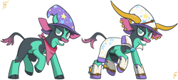 Size: 1280x576 | Tagged: safe, artist:hiddelgreyk, arizona (tfh), oc, oc:zelckip, cow, them's fightin' herds, bandana, boots, clothes, cloven hooves, coat, community related, cowboy boots, ear piercing, glue cup (tfh), gold, green eyes, hat, piercing, redesign, shoes, simple background, spurs, transparent background, trixie's hat, warframe