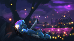 Size: 3840x2160 | Tagged: safe, artist:hierozaki, oc, oc only, earth pony, firefly (insect), insect, pony, high res, moon, night, scenery, tree