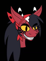 Size: 960x1280 | Tagged: safe, artist:sparkplugthefox, demon, demon pony, imp, pony, bandana, bust, dyed mane, evil smile, female, grin, hellaverse, hellborn, helluva boss, horns, mare, ponified, sallie may, smiling, solo, the harvest moon festival, trans female, transgender