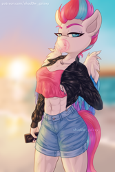 Size: 1200x1800 | Tagged: safe, artist:shad0w-galaxy, zipp storm, pegasus, anthro, g5, my little pony: a new generation, abs, beach, belly button, bubblegum, clothes, female, food, gum, jacket, jewelry, leather jacket, mare, necklace, phone, piercing, shorts, solo, tank top, wings