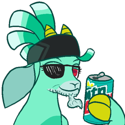 Size: 500x500 | Tagged: safe, artist:hiddelgreyk, shanty (tfh), goat, them's fightin' herds, 30 year old boomer, boomer, community related, facial hair, glue cup (tfh), goatee, headband, meme, mountain dew, rectangular pupil, red eyes, simple background, solo, stubble, sunglasses, transparent background
