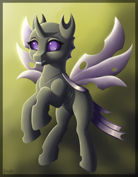 Size: 2500x3200 | Tagged: safe, artist:stardustspix, oc, oc only, oc:alcippe, changeling, equestria at war mod, cute, digital art, fangs, flying, gradient background, grin, high res, looking at you, ocbetes, purple changeling, rearing, smiling, solo, spread wings, wings