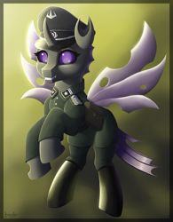 Size: 2500x3200 | Tagged: safe, alternate version, artist:stardustspix, oc, oc only, oc:alcippe, changeling, equestria at war mod, bag, boots, clothes, digital art, fangs, flying, grin, hat, high res, looking at you, military uniform, purple changeling, rearing, saddle bag, shoes, smiling, solo, spread wings, uniform, wings