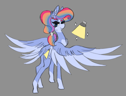 Size: 992x754 | Tagged: safe, artist:mewzynn, oc, oc only, pegasus, pony, chest fluff, female, gray background, looking at you, looking back, simple background, solo, spread wings, tail, tail feathers, wings