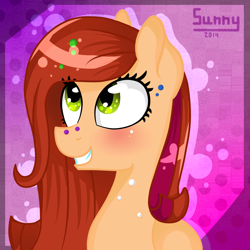 Size: 1840x1840 | Tagged: safe, artist:herusann, oc, oc only, earth pony, pony, abstract background, buat, bust, earth pony oc, eyelashes, female, grin, mare, smiling