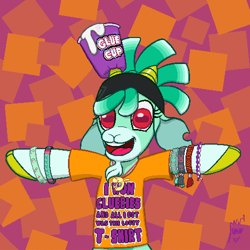 Size: 500x500 | Tagged: safe, artist:hiddelgreyk, shanty (tfh), them's fightin' herds, abstract background, bracelet, clothes, community related, friendship bracelet, glue cup, glue cup (tfh), happy, headband, jewelry, pendant, rectangular pupil, red eyes, shirt, solo, t-shirt, wristband