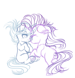 Size: 1280x1320 | Tagged: safe, artist:schokocream, starlight glimmer, trixie, pony, unicorn, g4, butt, eye clipping through hair, eyebrows, eyebrows visible through hair, eyes closed, female, lesbian, levitation, lineart, magic, mare, plot, rearing, ship:startrix, shipping, simple background, smiling, telekinesis, white background