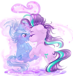 Size: 1280x1320 | Tagged: safe, alternate version, artist:schokocream, starlight glimmer, trixie, pony, unicorn, g4, butt, colored, duo, duo female, eye clipping through hair, eyebrows, eyebrows visible through hair, eyes closed, female, frog (hoof), glimmer glutes, glowing, glowing horn, grin, horn, lesbian, levitation, magic, magic aura, mare, plot, rearing, shading, ship:startrix, shipping, simple background, smiling, telekinesis, underhoof, white background