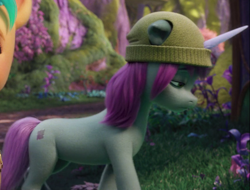 Size: 870x660 | Tagged: safe, screencap, hitch trailblazer, mint grove, earth pony, pony, unicorn, g5, my little pony: a new generation, cropped, female, hat, looking down, male, mare, offscreen character, sad, stallion