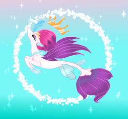 Size: 1024x956 | Tagged: safe, artist:miyalaflordorada, queen novo, seapony (g4), g4, my little pony: the movie, blue background, collar, colored pupils, crown, dorsal fin, eyelashes, eyes closed, female, fin wings, fins, fish tail, flowing tail, jewelry, looking up, pink mane, purple wings, queen, regalia, simple background, solo, sparkles, swimming, tail, underwater, water, wings