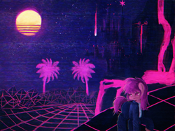 Size: 2000x1500 | Tagged: safe, artist:menalia, oc, oc only, unnamed oc, earth pony, pony, aesthetics, canterlot, chromatic aberration, clothes, female, jacket, mare, mountain, neon, night, palm tree, pants, shirt, stars, sun, synthwave, synthwave grid, tree, vhs, water, waterfall