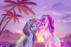 Size: 1920x1280 | Tagged: safe, artist:afterglory, oc, oc only, oc:savannah london, oc:starflight sparkle, alicorn, pony, artificial wings, augmented, chest fluff, cute, ear fluff, eyeshadow, female, flower, flower in hair, looking at each other, love, magic, magic wings, makeup, mare, markings, oc x oc, palm tree, ponysona, shipping, starvannah, sun, sunset, tree, wings