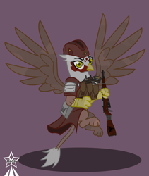 Size: 4245x5021 | Tagged: safe, artist:devorierdeos, oc, oc only, griffon, fallout equestria, armor, bag, carbine, clothes, flying, griffon oc, gun, military, military uniform, mosin nagant, paws, pouch, red eye army, rifle, signal pistol, soar, solo, spread wings, uniform, war paint, weapon, wings, yellow eyes