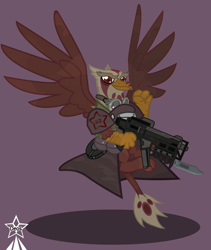 Size: 4245x5021 | Tagged: safe, artist:devorierdeos, oc, oc only, griffon, fallout equestria, armor, armor skirt, bayonet, clothes, combat knife, flying, griffon oc, gun, military, military uniform, paws, pouch, red eye army, red eyes, simple background, skirt, solo, spread wings, submachinegun, uniform, war paint, weapon, wings