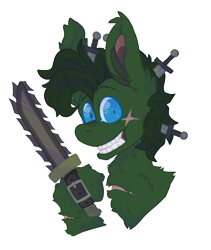 Size: 1000x1185 | Tagged: safe, artist:devil sugar, derpibooru exclusive, oc, oc only, oc:binge, earth pony, pony, fallout equestria, chainsaw, fallout equestria x wild arms: trigger to tomorrow, fanfic art, knife, raider, scar, simple background, smiling, transparent background