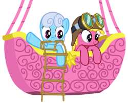 Size: 755x610 | Tagged: safe, artist:azgchip, cherry berry, linky, shoeshine, earth pony, pony, g4, digital art, duo, female, goggles, hot air balloon, ladder, mare, mouth hold, simple background, transparent background, waving