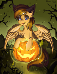 Size: 1591x2059 | Tagged: safe, artist:yuris, oc, oc only, oc:sharpwing, pegasus, pony, commission, halloween, holiday, smiling, solo, ych result