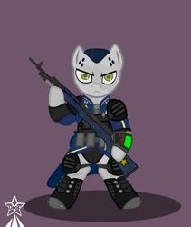 Size: 4245x5021 | Tagged: safe, artist:devorierdeos, oc, earth pony, pony, fallout equestria, armor, belt, body armor, boots, clothes, earth pony oc, flask, gun, jumpsuit, pipbuck, pony oc, red eye army, rifle, shoes, short hair, simple background, sks, solo, stable armor, stable pony, stable-tec, standing, vault suit, weapon, yellow eyes